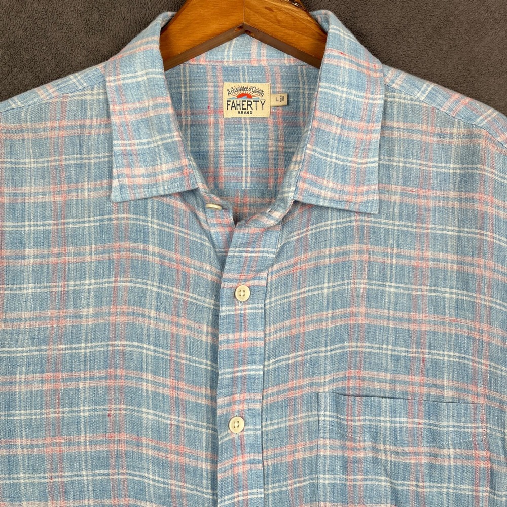 Faherty Linen Shirt Mens Large Blue Pink Plaid Long Sleeve Button Up